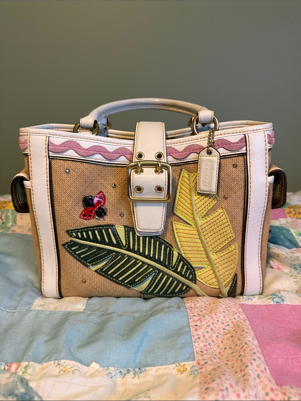 Coach 2004 Vintage Hamptons Limited Edition Ladybug Straw Applique Boxy Tote